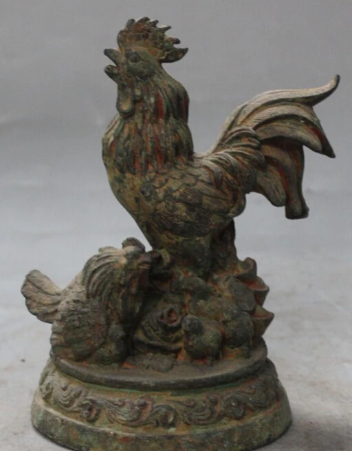 

6" Chinese Bronze Gilt Wealth Money Gold Chicken Rooster Cock Family Statue R0707