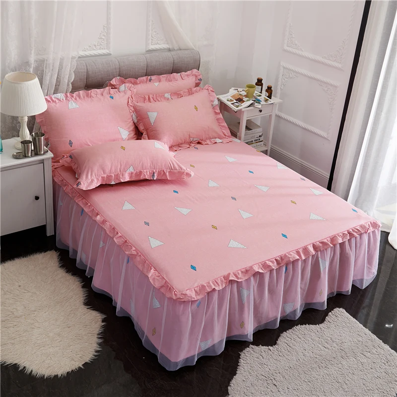 Three pieces Lace Bed Skirt + Pillowcases Pure Cotton Fabric Home