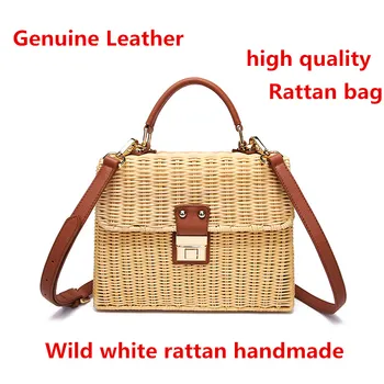 

Genuine leather with high-grade imported rattan woven bag, handmade straw bag Messenger bag handbag beach bag vacation ba