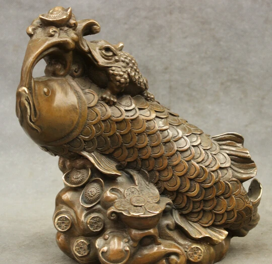 

shitou 001883 10" Chinese Bronze Copper FengShui Wealth YuanBao Hoptoad Statue Ride Coin Fish