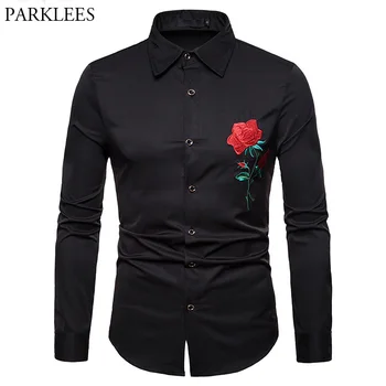 

Rose Flower Embroidery Shirt Men 2018 Autumn New Slim Fit Long Sleeve Wedding Tuxedo Shirt Mens Casual Button Down Dress Shirts