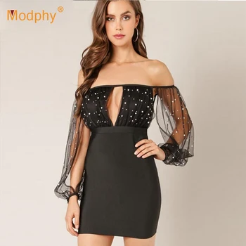 

2018 Woman clothes sexy slash neck beading black mini puff long sleeve bodycon club party bandage dress dropship wholesale D125