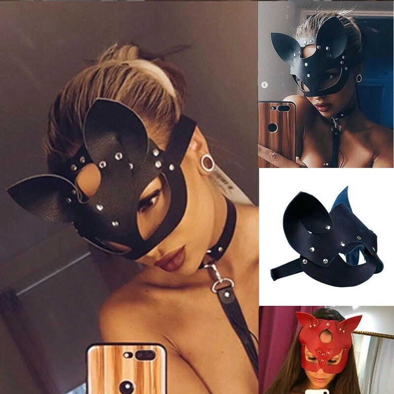 

Cosplay Sexy Cat Mask Women Girl Party Costume PVC Bondage Masks Adult Play Special Cat Ears Adjustable Design Masks Black Red