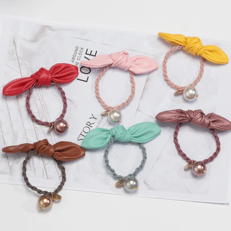 

2018 New 10pcs/lot Fashion Women Girls Hair Rope Bowknot Ponytail Holder Scrunchy Leather Rabbit Ear Pearls Elastic Rubber Band