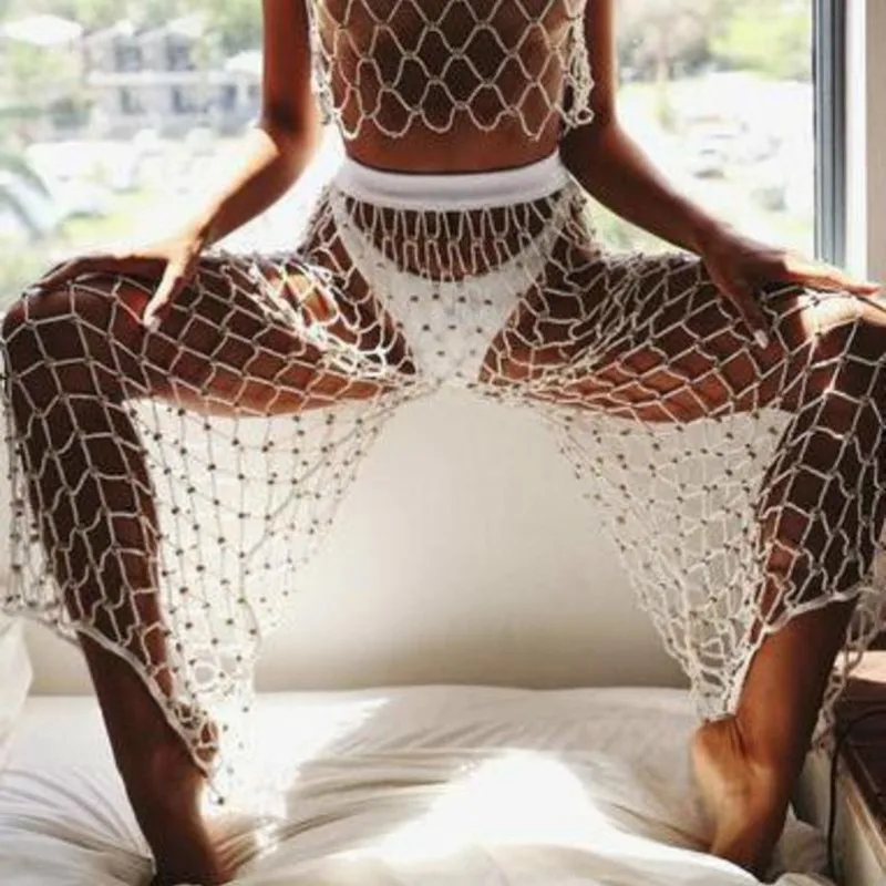 

MUXU summer crochet mesh womens clothing 2018 Hand Hook Hollow Out Bead Wide Leg loose white pants sexy transparent free shiping