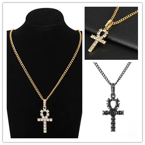 Crystal Cross Pendant Necklace Hip Hop Rhinestone Gold Black Color Long Necklaces&Pendants Charm Men Jewelry