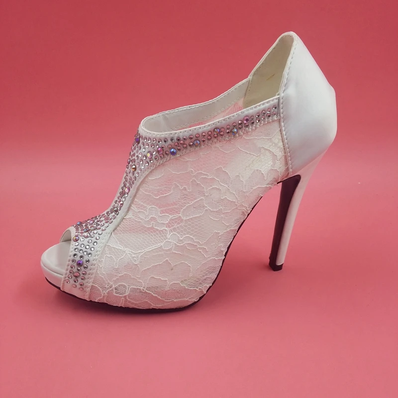 White Lace Women Pumps Peep Toe Slip-on Wedding Shoe High Heels Ladies Shoes Stilettos Platform Bridal Pumps Shoes Size 15