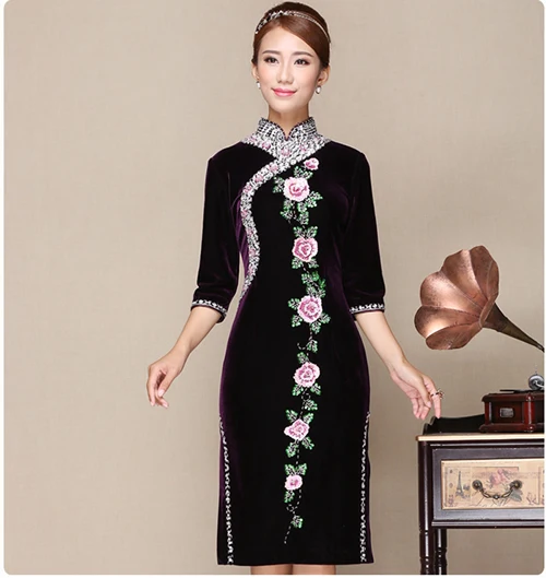 Роскошное ручное вышитое бисером бархатное платье для мамы Cheongsam голубое китайское традиционное длинное Qipao женское Qi Pao восточное платье - Цвет: Maroon