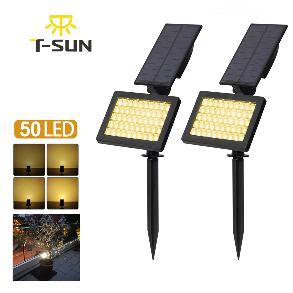 Online 2 paquetes de focos solares 50 LED paisaje exterior luz de pared impermeable IP44 blanco cálido 3500K luces solares ajustables para jardín