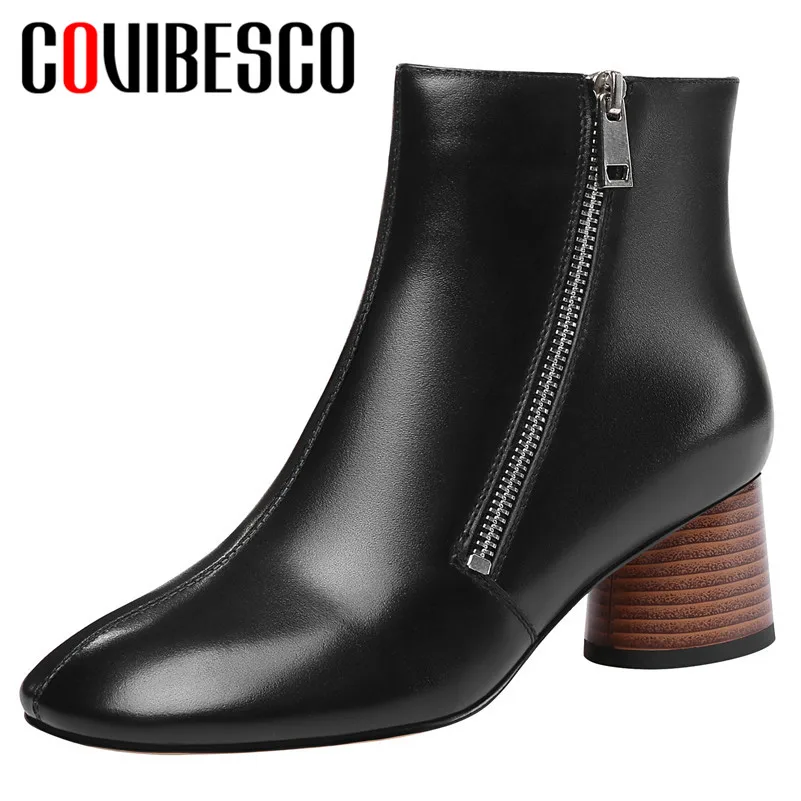 

COVIBESCO Fashion Solid Genuine Leather Zip Women Chelsea Ankle Boots Spring Autumn High Heels Sweet Elegant Party Shoes Woman