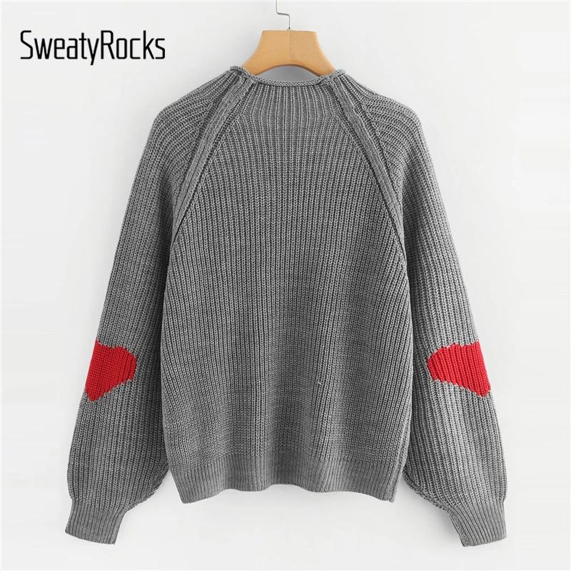 SweatyRocks Grey Knit Autumn Sweater Heart Insert Raglan Sleeve Women Jumper Long Sleeve Pullover Clothes 2018 Womens Sweaters