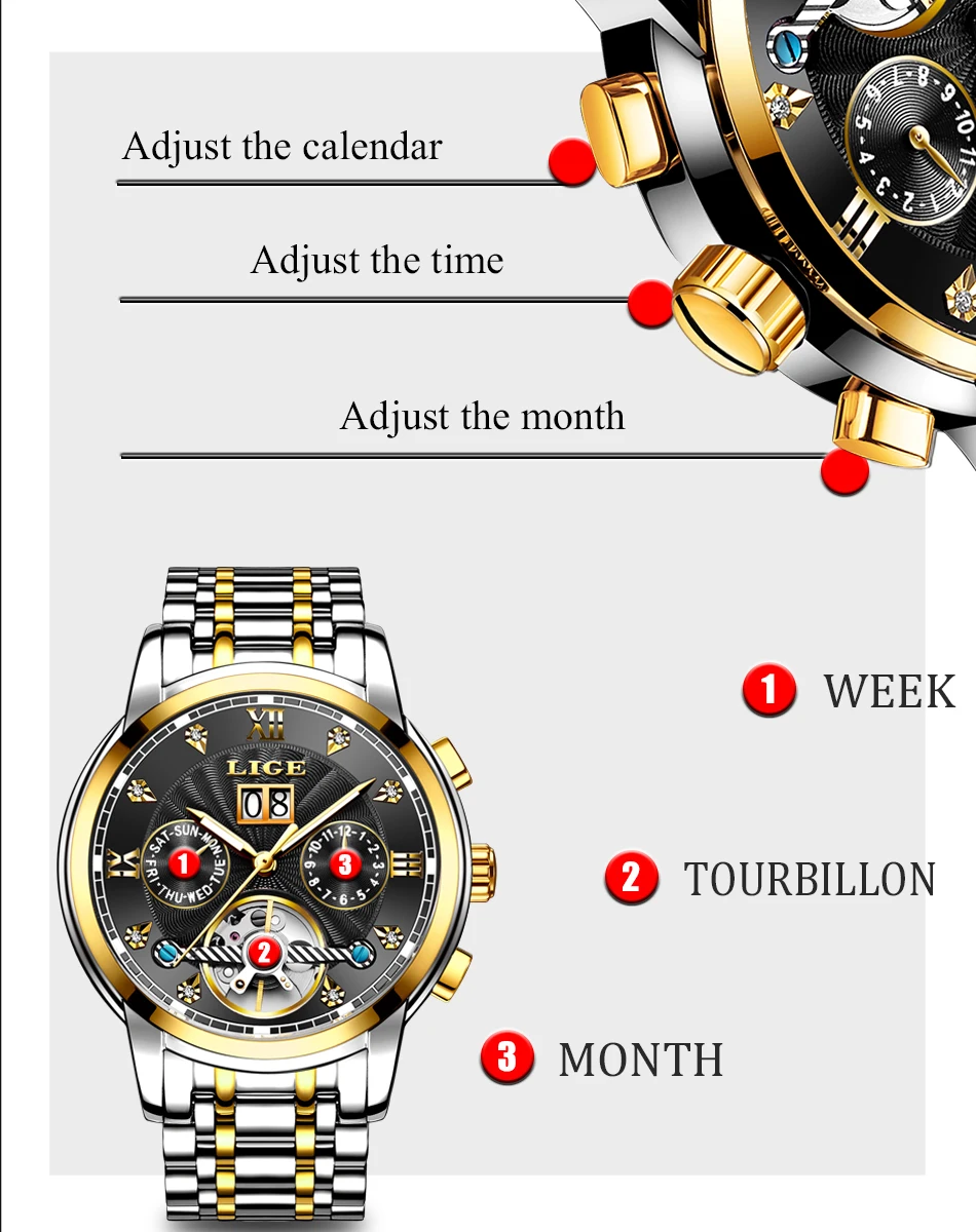 Marca lige masculino relógio automático mecânico tourbillon