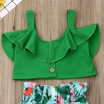 1-6Y Boho Summer Kids Baby Girls Outfits Clothes Ruffle Strappy Crop Tops Vest+Floral Bow Wide Leg Shorts 2Pcs Child Girl Sets 4