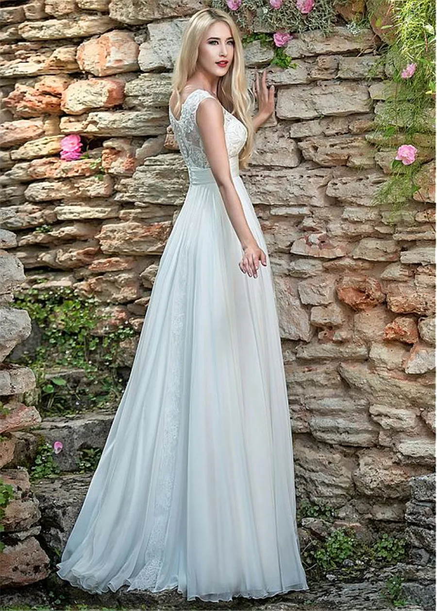 

Elegant Lace V-neck Neckline A-line Lace Appliques Ruched Wedding Dress 2019 Boho Sofuge Vestido De Noiva Dubai Arabic