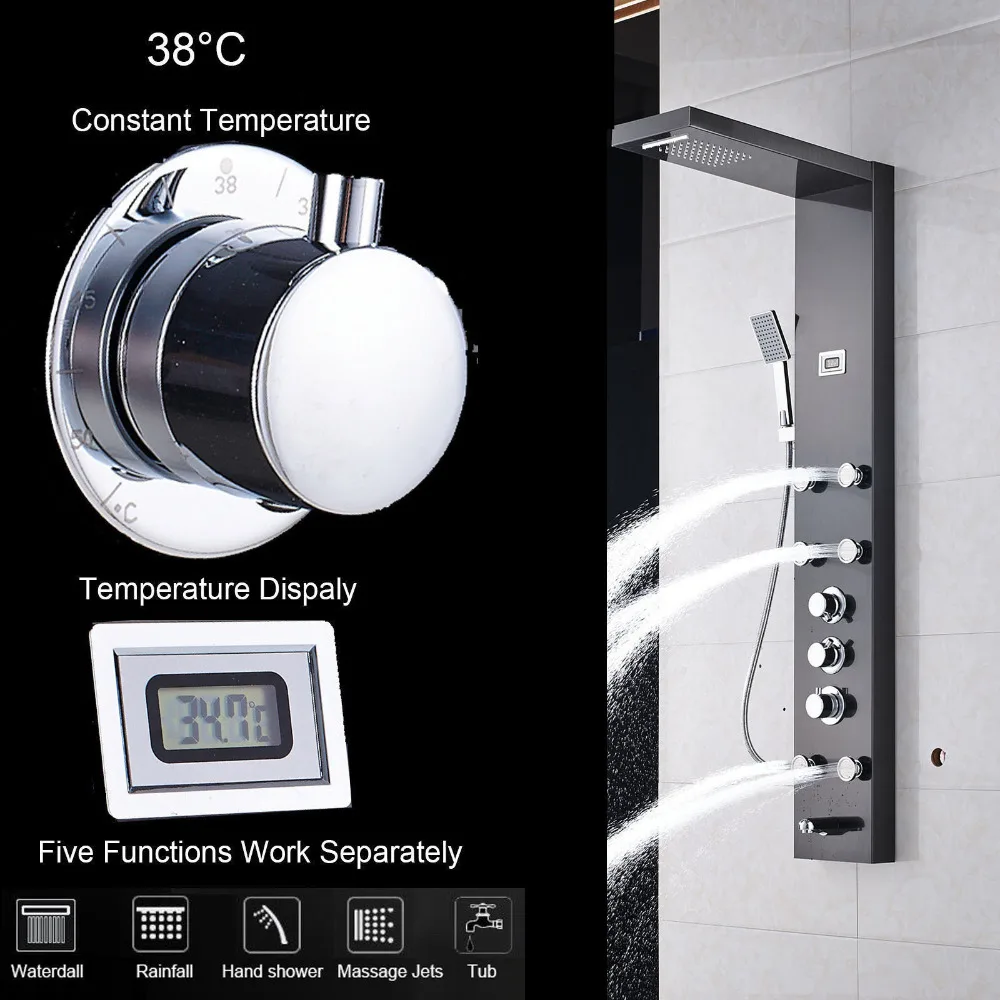 

Bathroom Shower Faucet Stainless Steel Waterfall Rainfall Thermostatic Shower Panel Towel Shower Panel Black Brush
