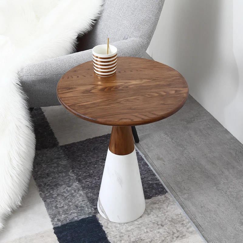 Round Coffee Table Wood Top Marble Base Side Table for Living Room Solid Wood End Table