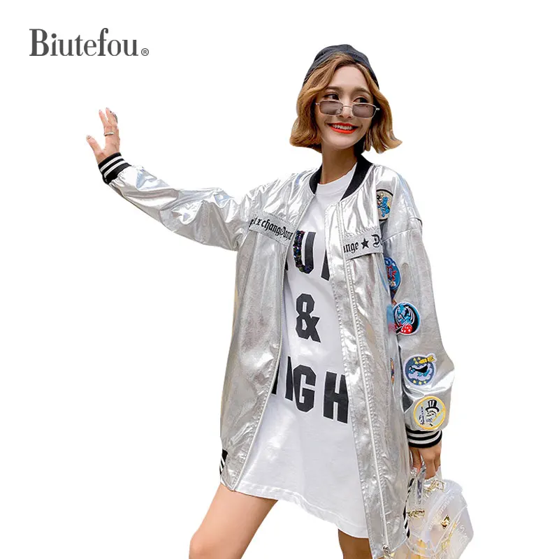 

2019 Spring embroidery patch designs jackets women fashion metal silver chic jackets
