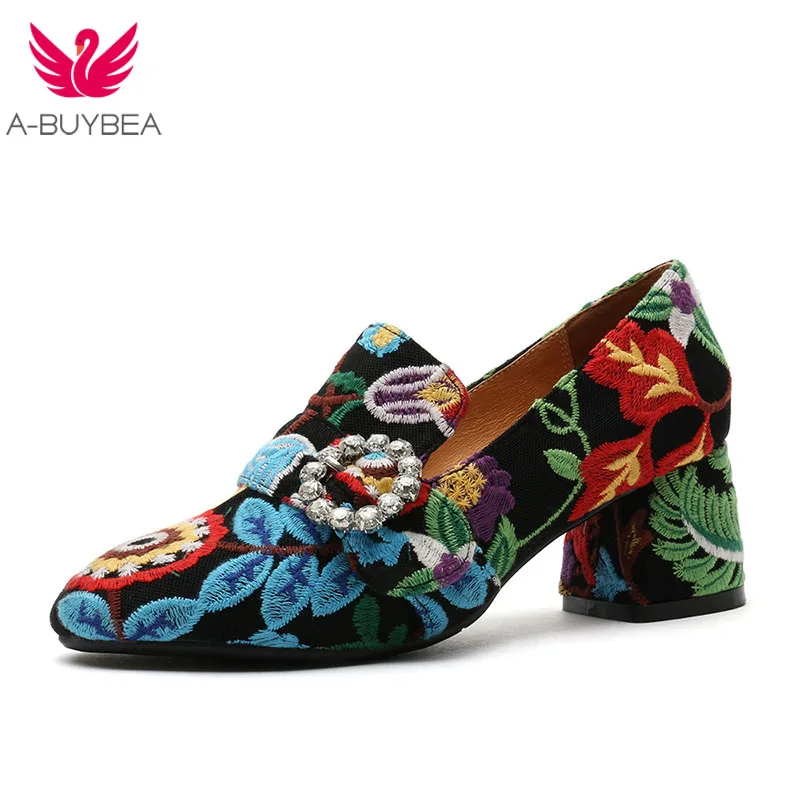 

A-BUYBEA Real Leather Embroider Crystal Women Pumps Round Toe Thick Heel Shoes Woman Wedding Party Ladies Footwear Size 34-39