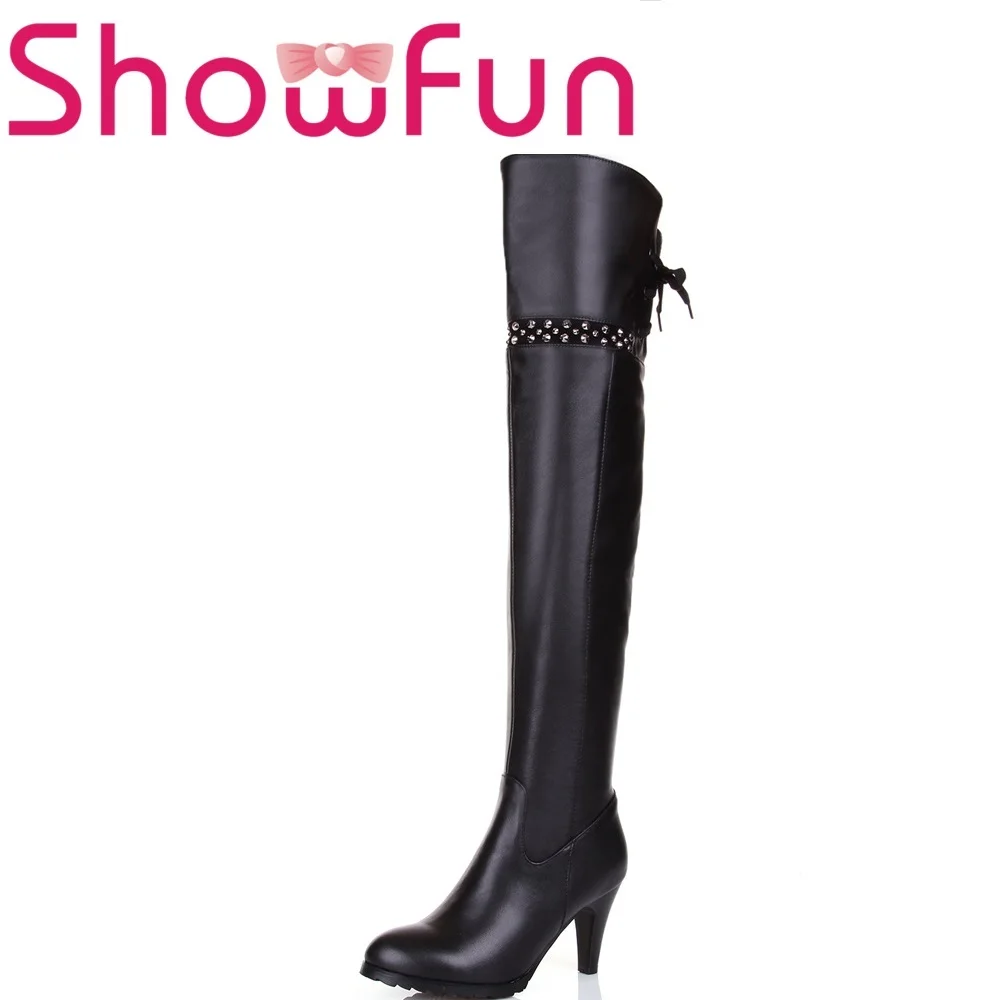 

Showfun genuine leather shoes woman winter solid over-the-knee pointed toe zipper short plush spike heel boots