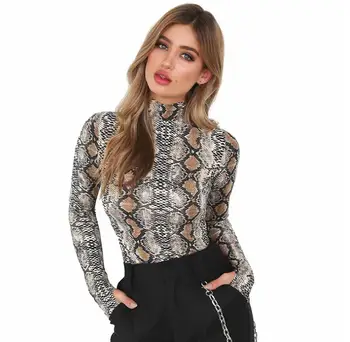 

Bodysuit Women Snake Skin Grain Print Long Sleeve High Neck Bodysuits Autumn Women Street Fashion Sexy Snakeskin Bodysuit