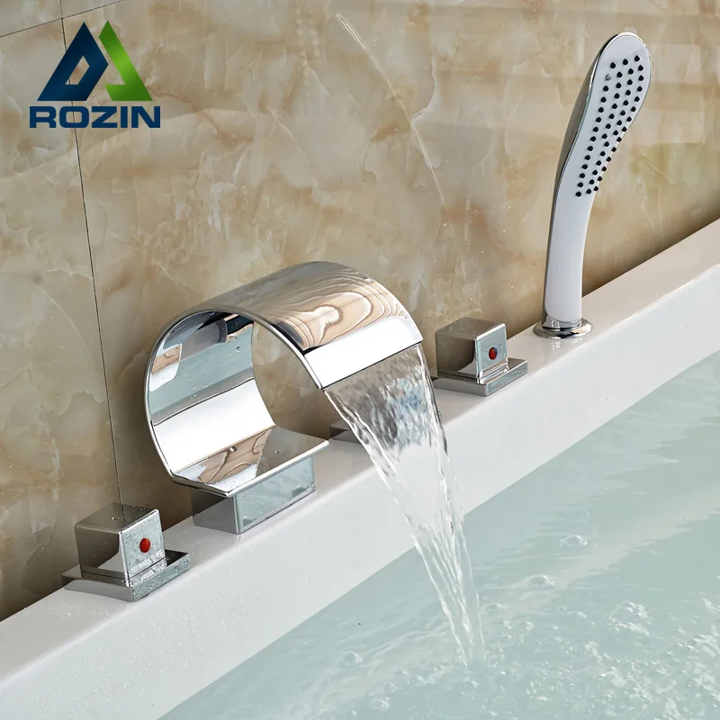 

Luxury Chrome Roman Tub Faucet Deck Mounted Widespread Three Handles 5 pcs Bathtub Mixer Tap with Plastic Handshower