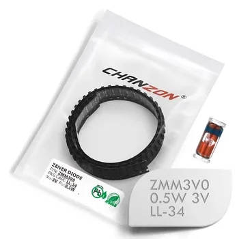 

(100 Pcs) SMD Zener Diode 0.5W 3V ZMM3V0 LL-34 (SOD-80 MiniMELF / 1206) 0.5 Watt 3 Volt ZMM 3V0