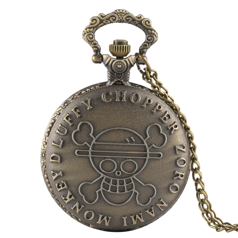 

Bronze Skull Cartoon Theme Quartz Pocket Watches For Children Large Pocket Watch Green Ancient Head Fine Chain