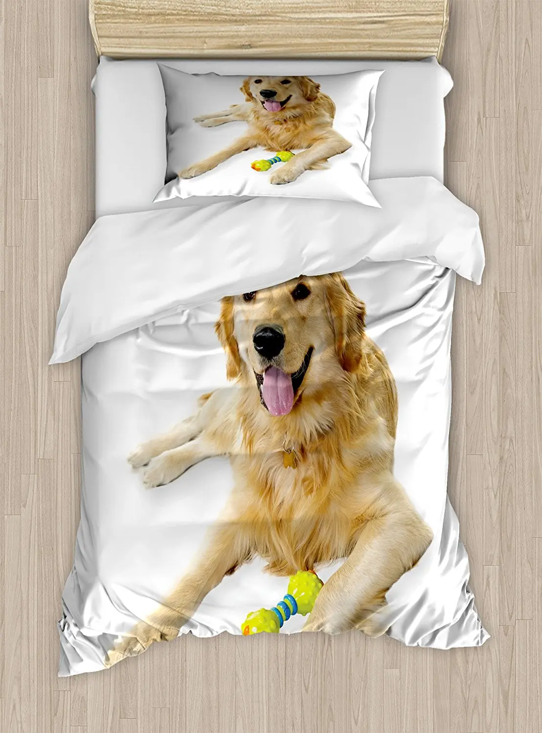 

Golden Retriever Duvet Cover Set by Pet Dog Laying down with Toy Friendly Domestic Puppy Playful Companion 4 Piece Bedding Set