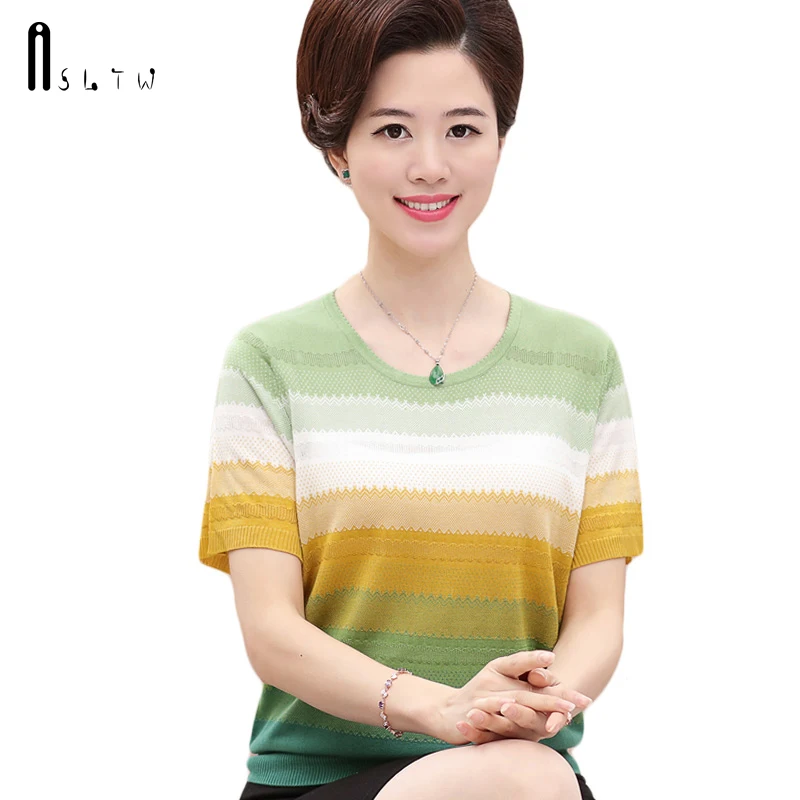 

ASLTW T Shirt For Women Summer Thin Women's Short Sleeve Knitted Top Plus Size Causal Female T-shirt