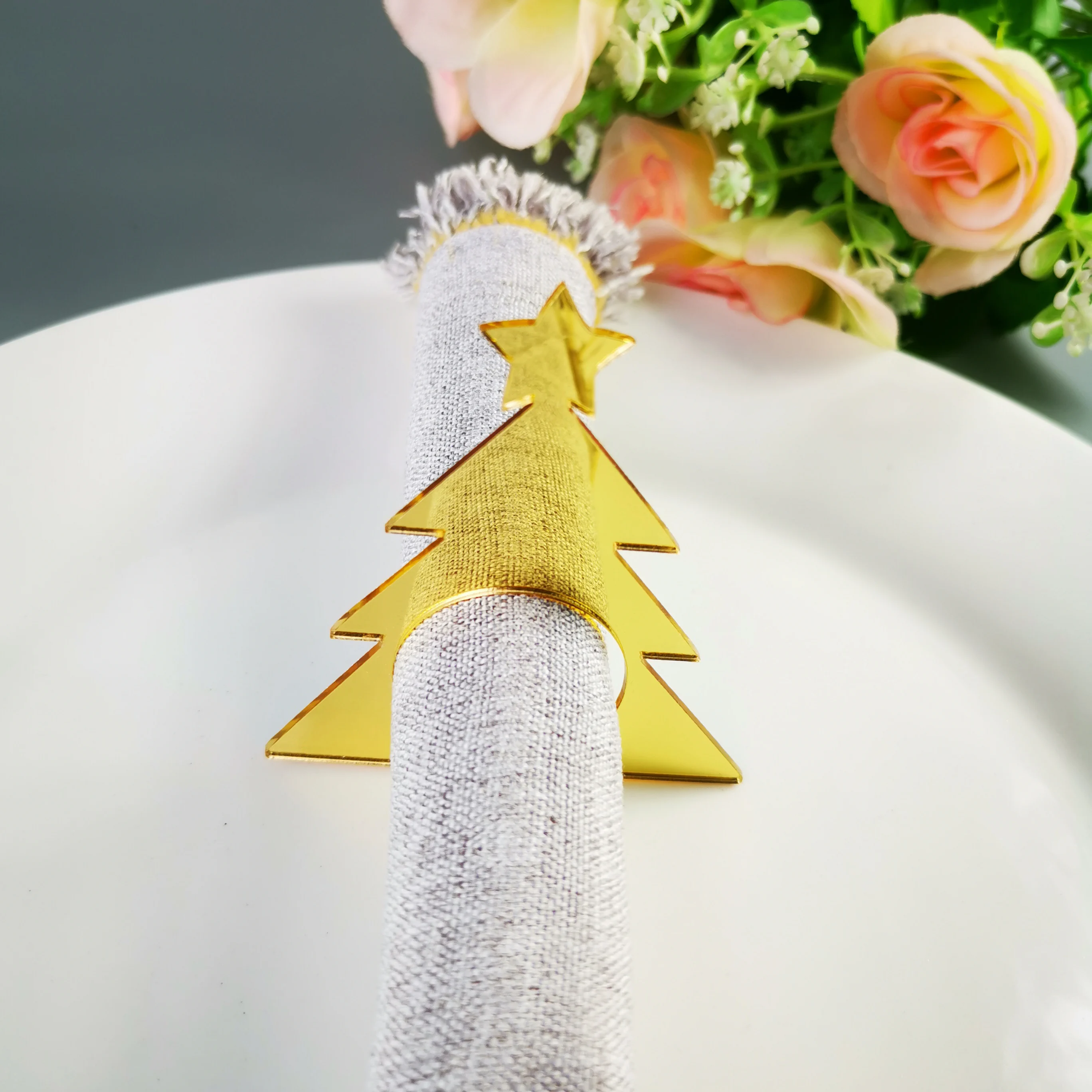 

Wedding table Christmas tree shape Napkin Ring ,Wedding color mirror gold/silver Cut napkin ring,Couple wedding Decor Supplies