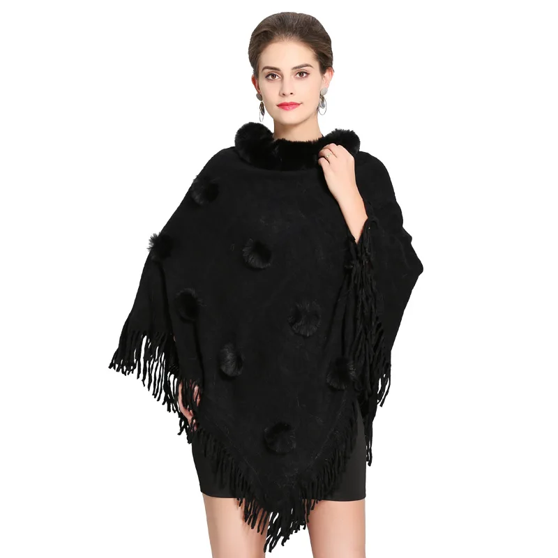 Women Cape Beading Floral Poncho 2018 Winter Faux Fox Fur Shawl Knitted Triangle Tassel Sweater Plus Size Pullover Coat Fur Neck