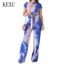 KEXU New High Street Style Brand Fashion Women Long Jumpsuits Tie Dye Two Pieces Sets Summer Bandage Purple Straight Trousers KEXU New High Street Style Brand Fashion Women Long Jumpsuits Tie Dye Two Pieces Sets Summer Bandage Purple Straight Trousers
