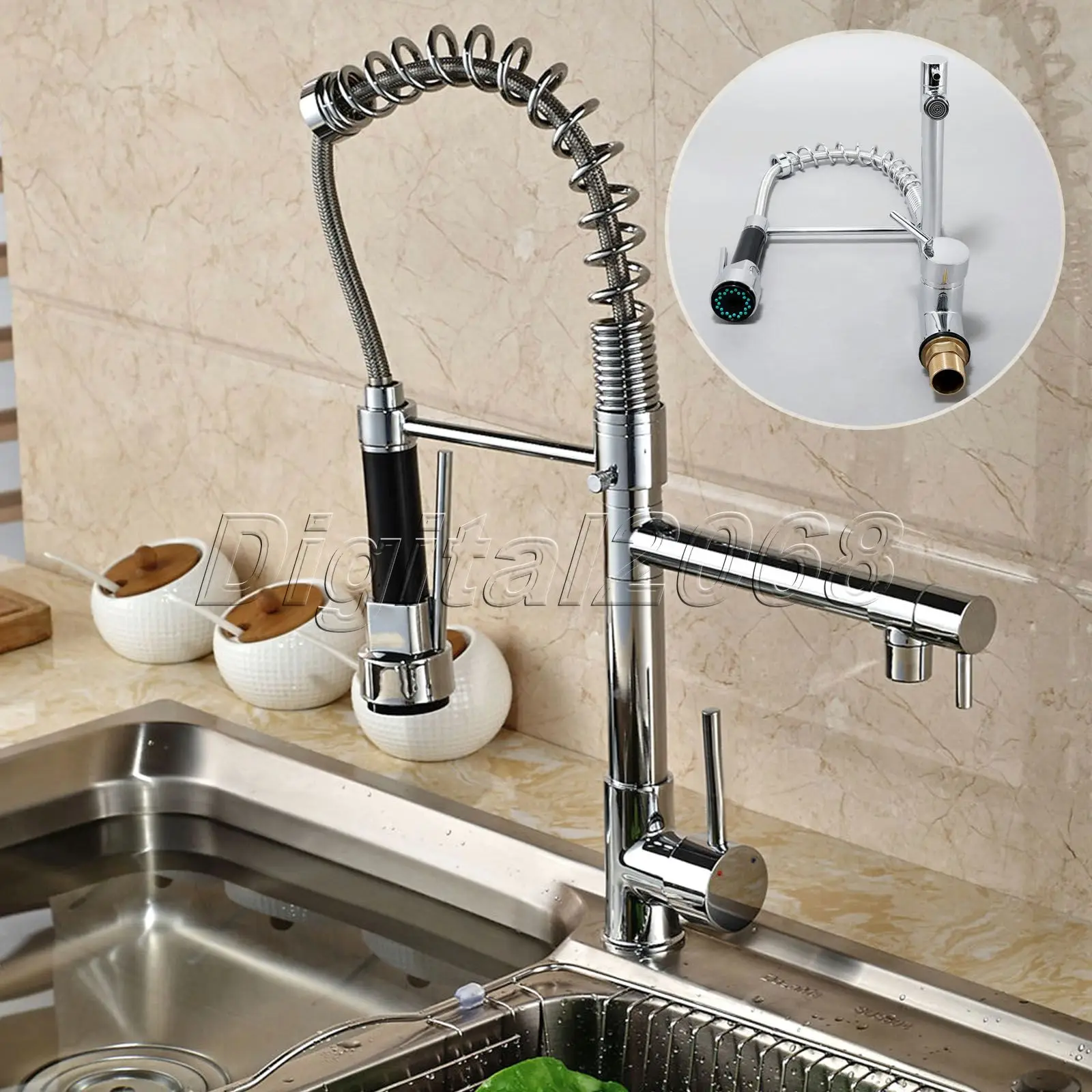 New Brass Deck Mounted Thicken Kitchen Swivel Spout Two Handle Sink