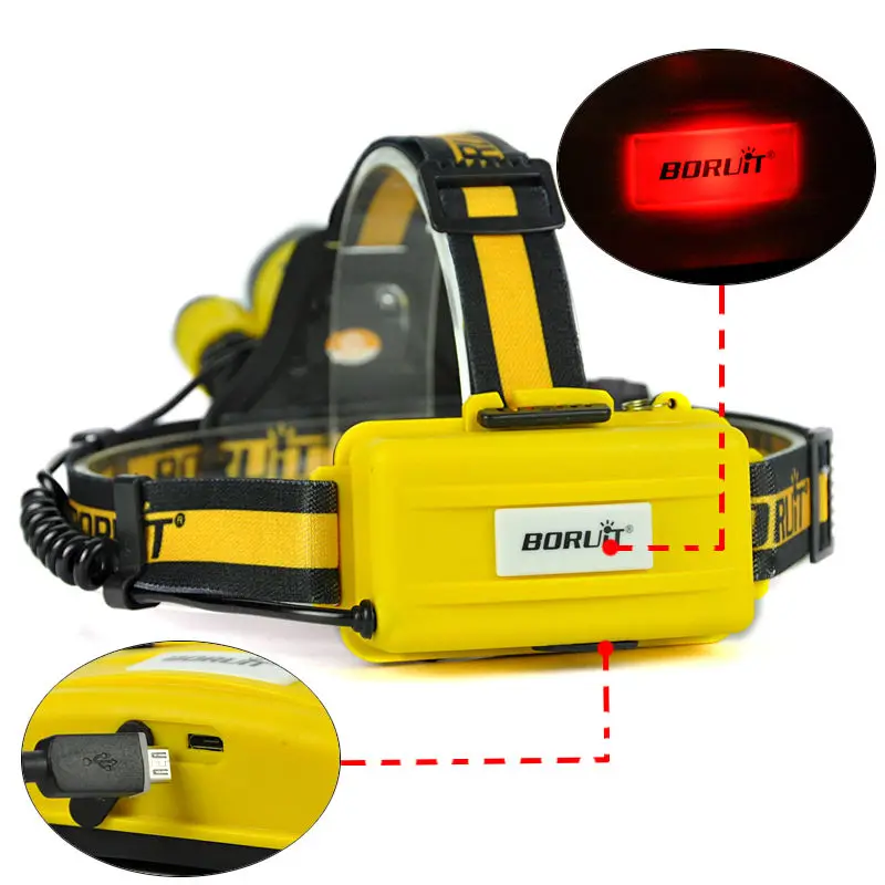 Налобный фонарь с микро usb BORUiT Модернизированный RJ 3000 Plus 3x XML T6 светодиодный