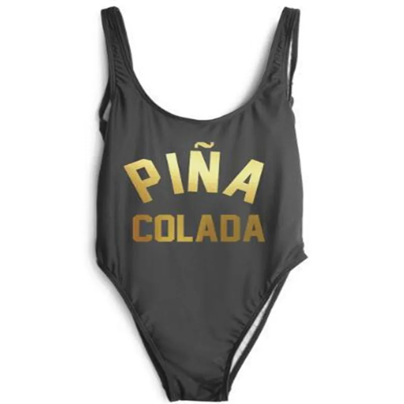 PINA COLADA Gold Letter Sexy Thong One Piece Swimsuit Women High Cut