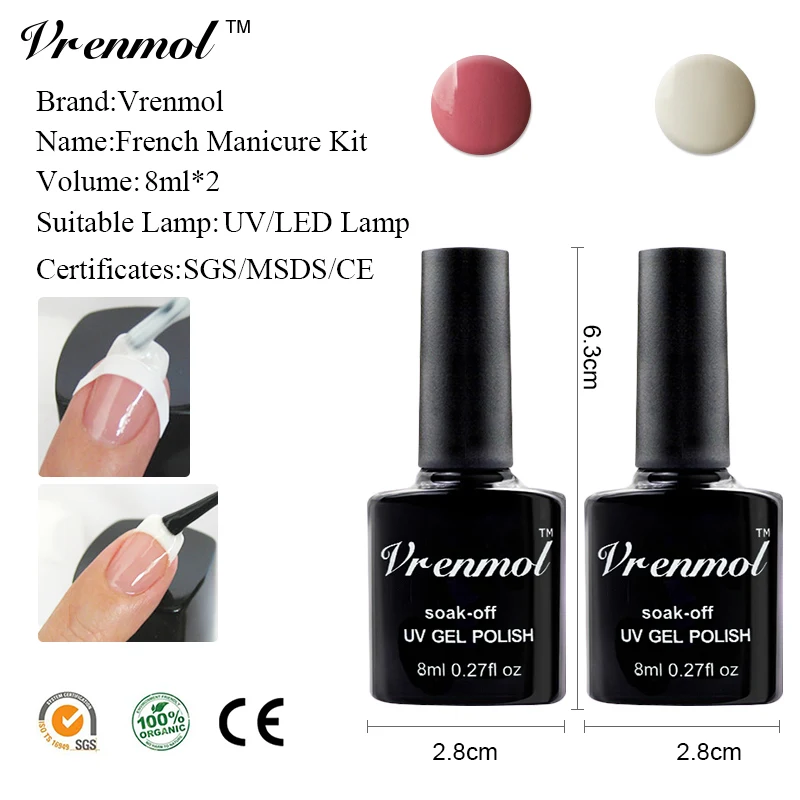 Vrenmol Whtie + esmalte de Gel de uñas de Color rosa + punta para regalo guías de uñas francesas Semic permanente UV Gel barniz kit de manicura para uñas