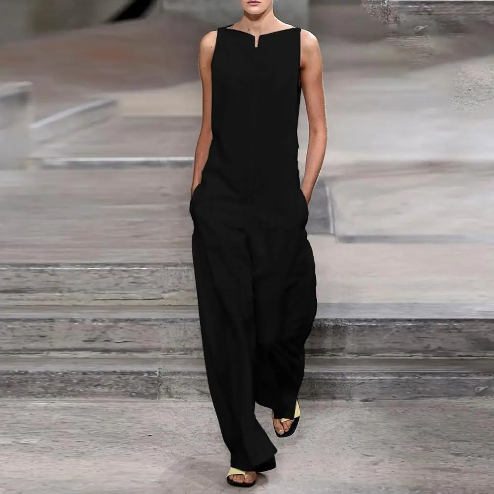 Elegant Streetwear Solid Black White Jumpsuit Romper 2019 Summer Sleeveless Pocket Long Haren Pants Fashion Nova Woman Overalls