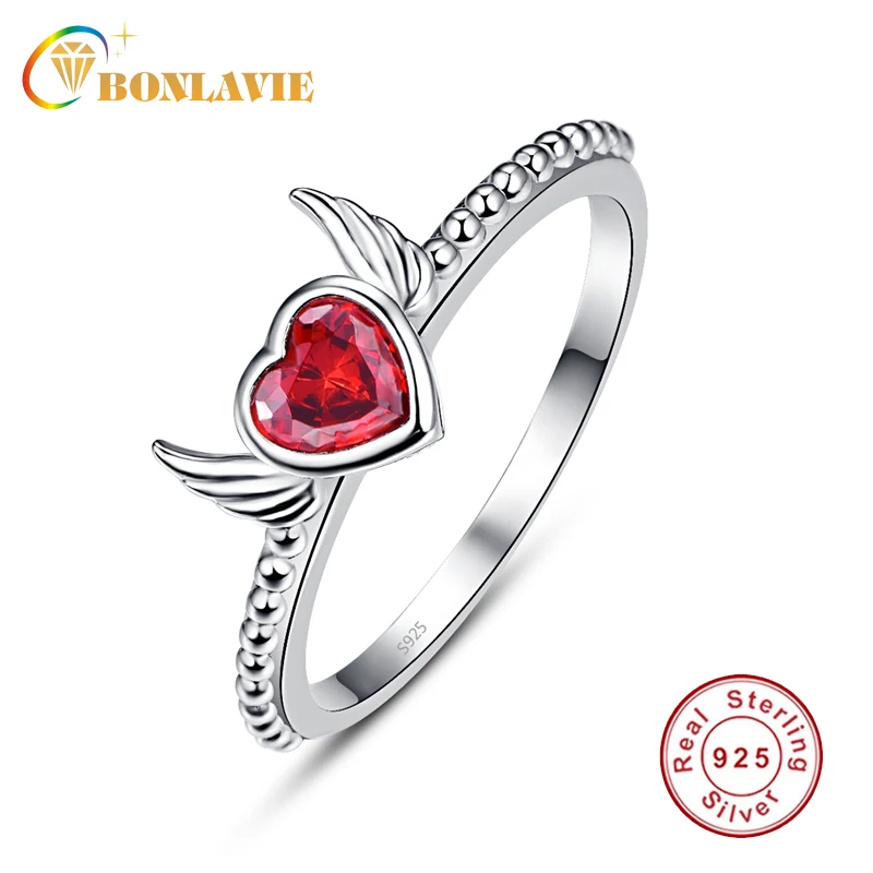 Bonlavie 925 Sterling Silver Created Red Garnet Stud Earrings Solitaire Ring Pendant Necklace Jewelry Set 