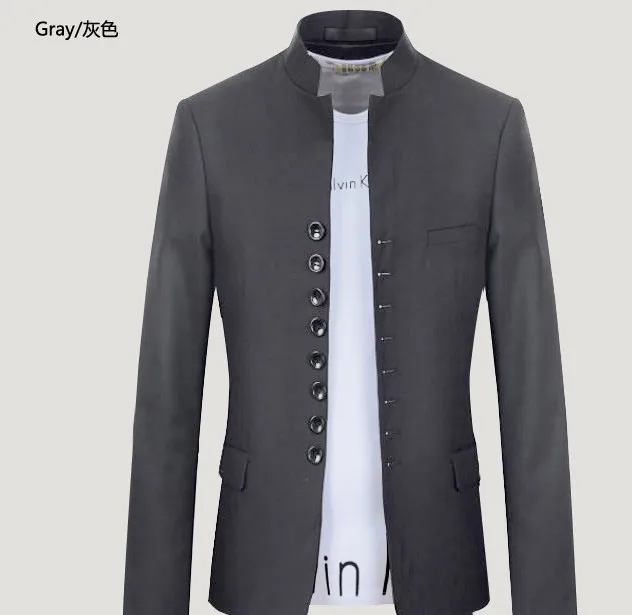 Mandarin Collar Blazer Men Grey/Black Single Breasted Casual/Retro Men
