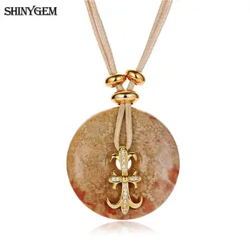 

ShinyGem Big Round Natural Coral Fossil Pendant Necklace Handmade Beige Leather Necklace Lucky Natural Stone Necklaces For Women