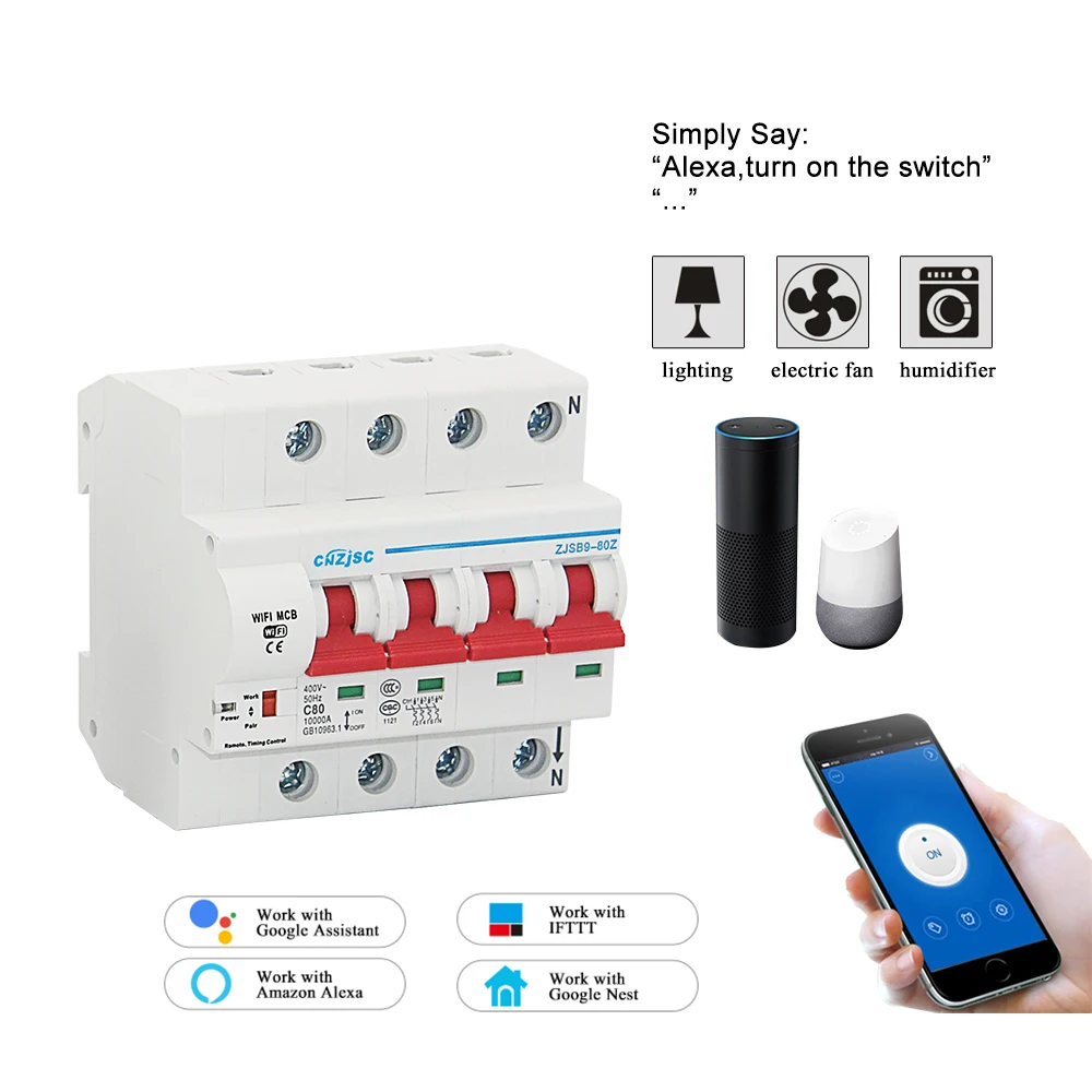 

4P 80A WiFi Smart Circuit Breaker overload and short circuit protection with Amazon Alexa and Google home for Smart Home