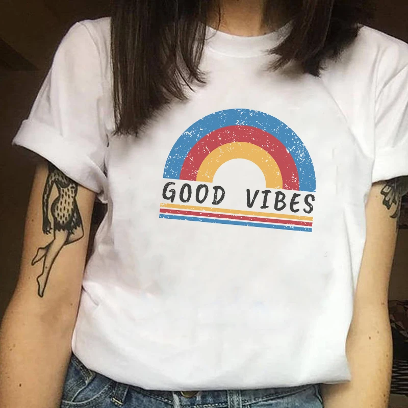 

Women Clothes Print Good Vibes Rainbow Printing Summer Printed Ladies Woman Women Top Casual Tee Shirt T Female T-shirt