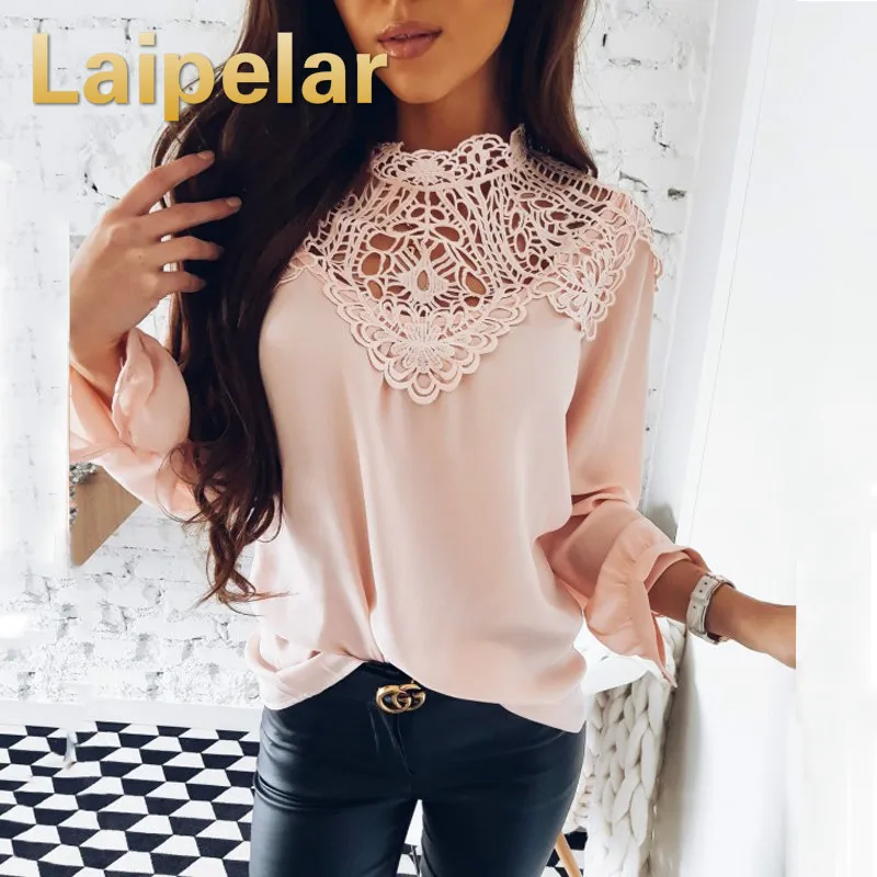 

Laipelar Spring 2018 Ladies New Sweet Hollow Out Flower Blouse Casual Lace Patchwork Tops Long Sleeve Chiffon Shirts