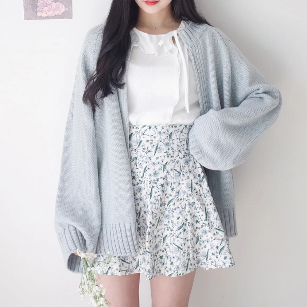 

Korea 2019 Chic Autumn Women Sweater Knitted Sweater Flare Sleeve Loose Pure Color Femela Cardigan Sweater Sueter De Las Mujeres