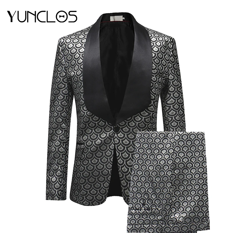 

YUNCLOS Fish scales Jacquard Men's Suits 2 Pieces Shawl Collar Suits with Pant Business Wedding Men Tuxedo Party Dress