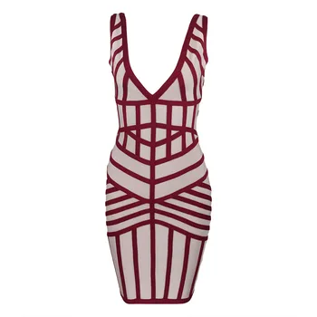 

Women Celebrity Bandage Dress 2019 Wine Red Beige New Fashion Sleeveless V Neck Striped Bodycon Vestidos Mini Party Dress