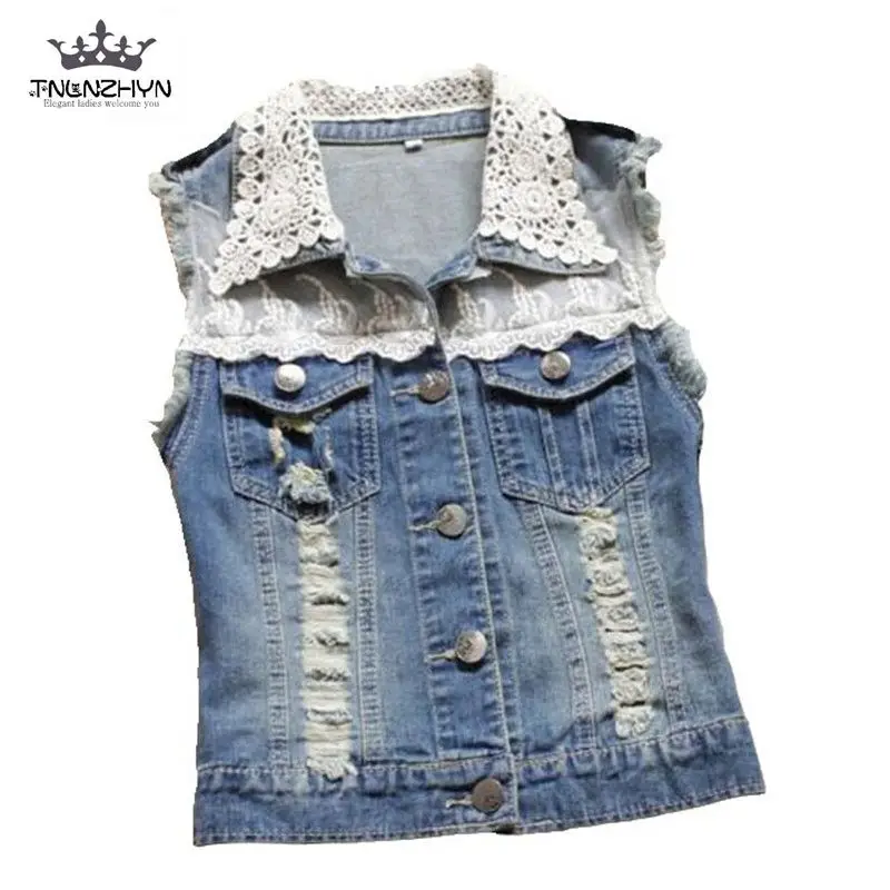 

Korean 2019 New Fashion Leisure Demin Vest Women Lace Sleeveless Turn-down Collar Tops Gilet Plus Size M-XXXL A0924