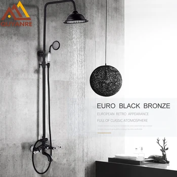 

Quyanre Black Antique Brass Shower Faucet Set Porcelain Deco Bathtub Shower Kit Spray Dual Knobs Mixer Tap Swivel Tub Spout