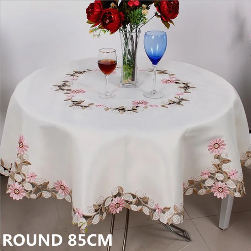 

Round 85*85cm Cutwork Handmade Embroidered Table Cloth Topper Luxury Polyester Satin Jacquard Embroidery Floral Tablecloths