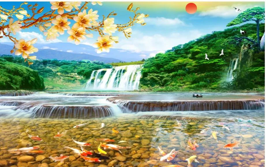 中国風の水と富風水風水風景の滝の壁画現代の壁紙リビングルーム 壁紙 Aliexpress